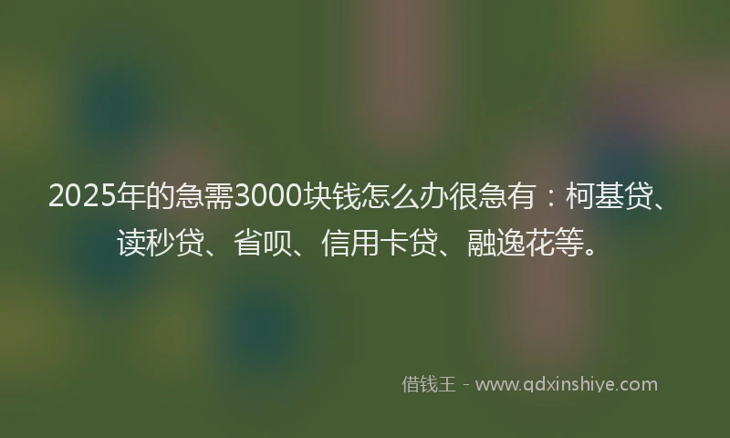 2025年的急需3000块钱怎么办很急有：柯基贷、读秒贷、省呗、信用卡贷、融逸花等。