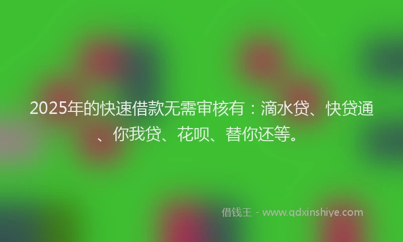 2025年的快速借款无需审核有：滴水贷、快贷通、你我贷、花呗、替你还等。