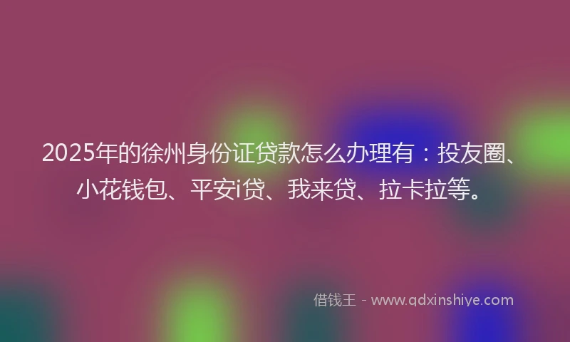 2025年的徐州身份证贷款怎么办理有：投友圈、小花钱包、平安i贷、我来贷、拉卡拉等。