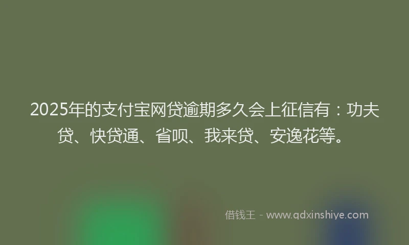 2025年的支付宝网贷逾期多久会上征信有：功夫贷、快贷通、省呗、我来贷、安逸花等。