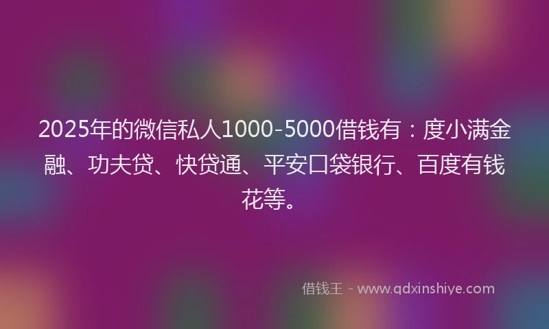 2025年的微信私人1000-5000借钱有：度小满金融、功夫贷、快贷通、平安口袋银行、百度有钱花等。
