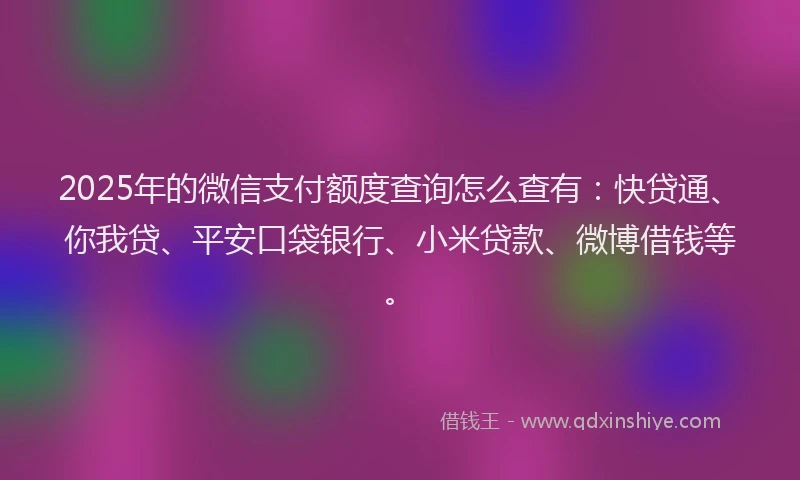 2025年的微信支付额度查询怎么查有：快贷通、你我贷、平安口袋银行、小米贷款、微博借钱等。