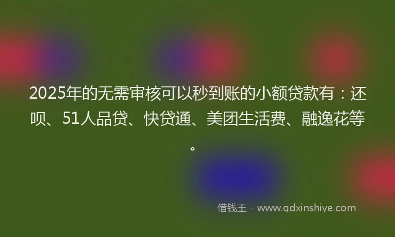 2025年的无需审核可以秒到账的小额贷款有：还呗、51人品贷、快贷通、美团生活费、融逸花等。