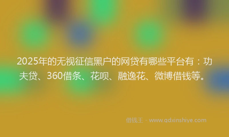 2025年的无视征信黑户的网贷有哪些平台有：功夫贷、360借条、花呗、融逸花、微博借钱等。