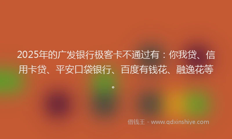 2025年的广发银行极客卡不通过有：你我贷、信用卡贷、平安口袋银行、百度有钱花、融逸花等。