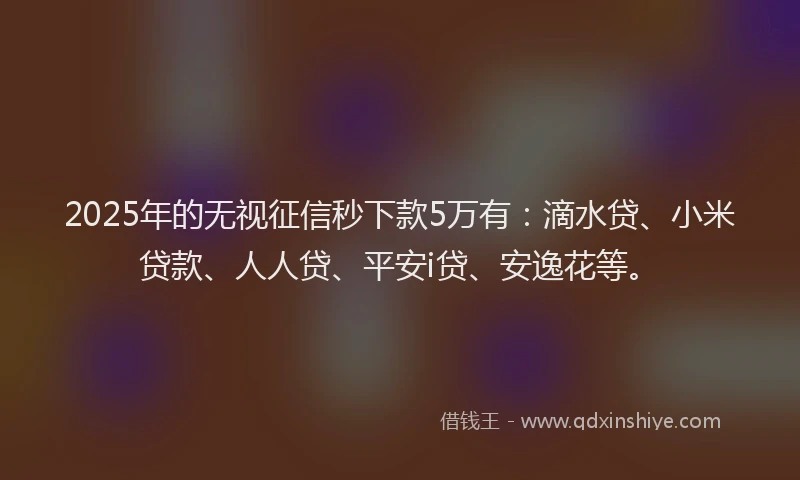 2025年的无视征信秒下款5万有：滴水贷、小米贷款、人人贷、平安i贷、安逸花等。