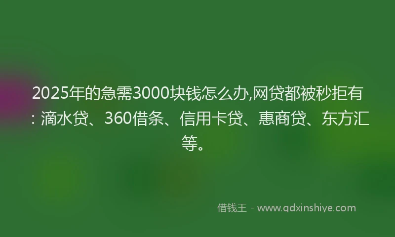 2025年的急需3000块钱怎么办,网贷都被秒拒有：滴水贷、360借条、信用卡贷、惠商贷、东方汇等。