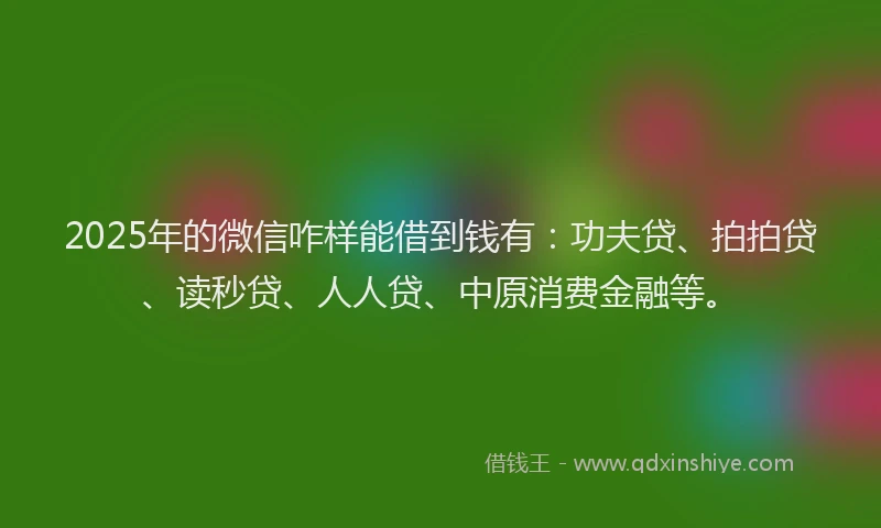 2025年的微信咋样能借到钱有：功夫贷、拍拍贷、读秒贷、人人贷、中原消费金融等。
