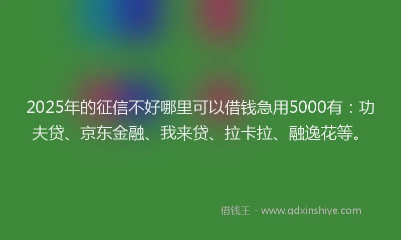 2025年的征信不好哪里可以借钱急用5000有：功夫贷、京东金融、我来贷、拉卡拉、融逸花等。