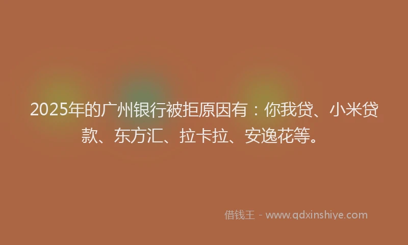 2025年的广州银行被拒原因有：你我贷、小米贷款、东方汇、拉卡拉、安逸花等。