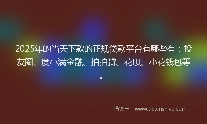 2025年的当天下款的正规贷款平台有哪些有：投友圈、度小满金融、拍拍贷、花呗、小花钱包等。