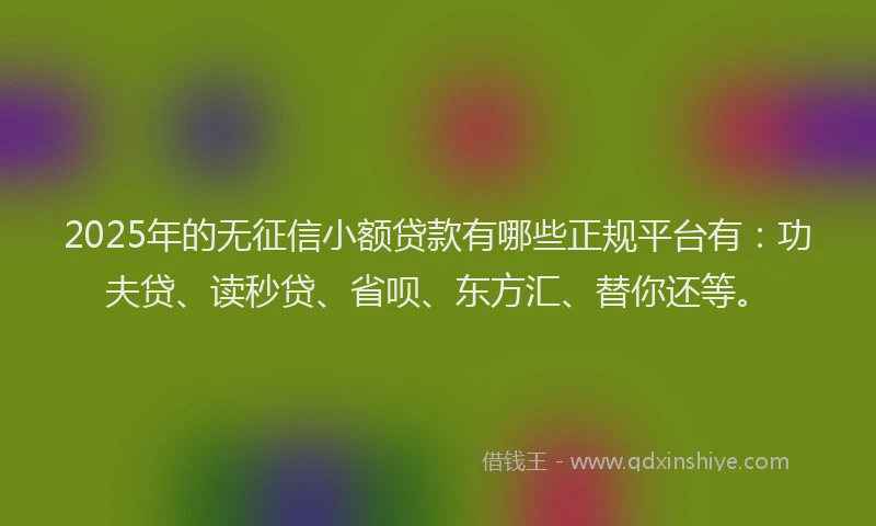 2025年的无征信小额贷款有哪些正规平台有：功夫贷、读秒贷、省呗、东方汇、替你还等。
