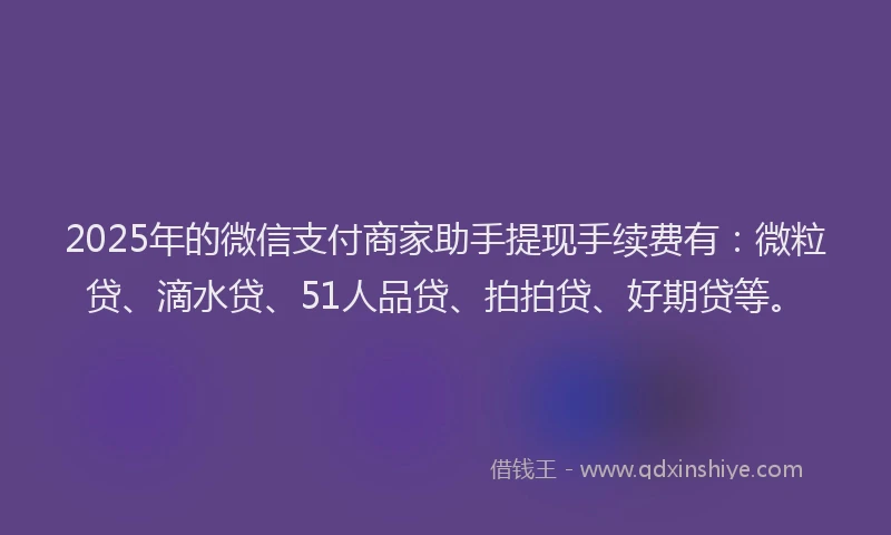 2025年的微信支付商家助手提现手续费有：微粒贷、滴水贷、51人品贷、拍拍贷、好期贷等。