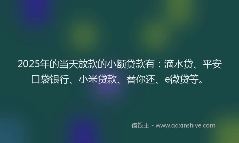 2025年的当天放款的小额贷款有：滴水贷、平安口袋银行、小米贷款、替你还、e微贷等。