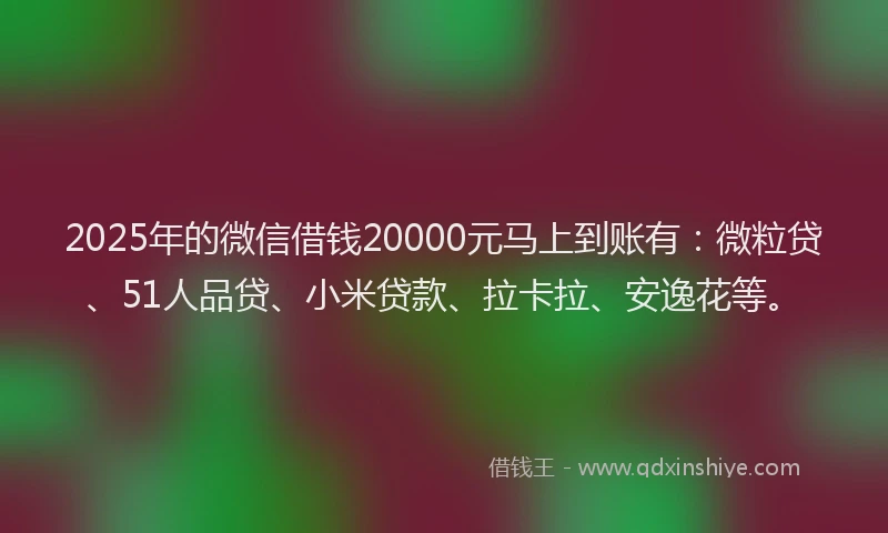 2025年的微信借钱20000元马上到账有：微粒贷、51人品贷、小米贷款、拉卡拉、安逸花等。