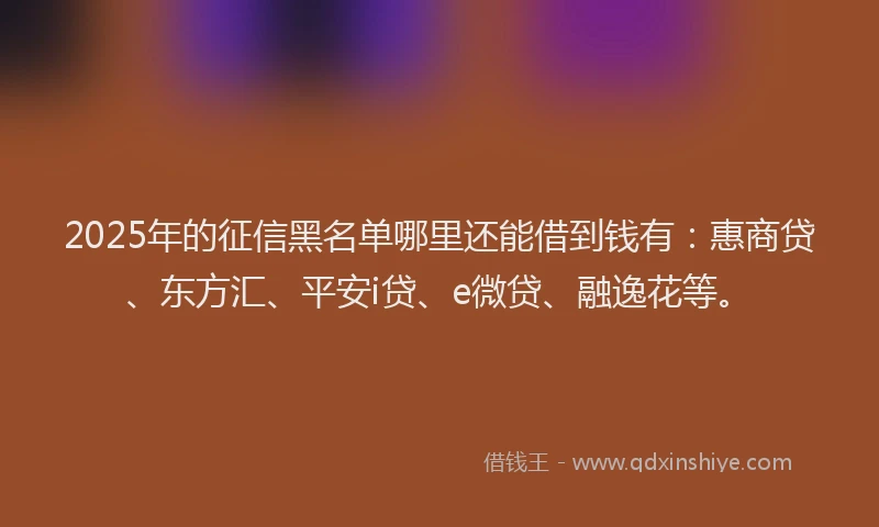 2025年的征信黑名单哪里还能借到钱有：惠商贷、东方汇、平安i贷、e微贷、融逸花等。