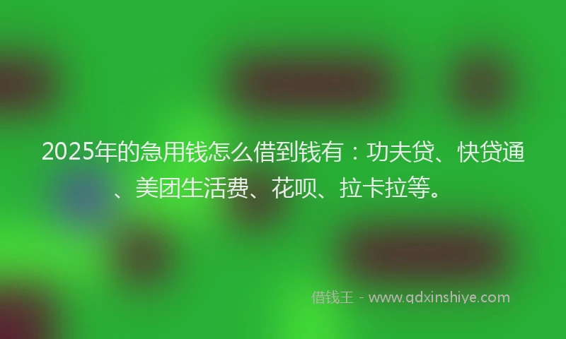 2025年的急用钱怎么借到钱有：功夫贷、快贷通、美团生活费、花呗、拉卡拉等。