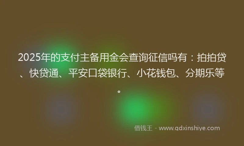 2025年的支付主备用金会查询征信吗有：拍拍贷、快贷通、平安口袋银行、小花钱包、分期乐等。