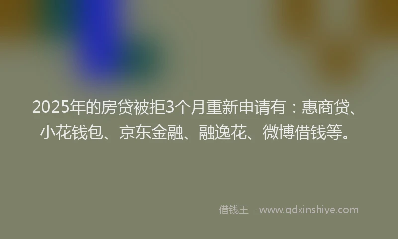 2025年的房贷被拒3个月重新申请有：惠商贷、小花钱包、京东金融、融逸花、微博借钱等。