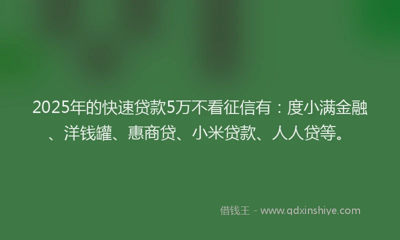 2025年的快速贷款5万不看征信有:度小满金融、洋钱罐、惠商贷、小米贷款、人人贷等。