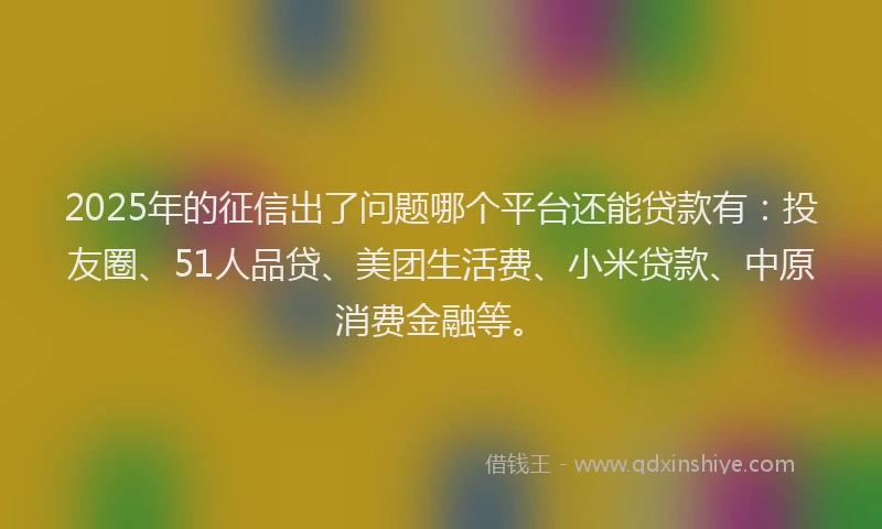 2025年的征信出了问题哪个平台还能贷款有：投友圈、51人品贷、美团生活费、小米贷款、中原消费金融等。