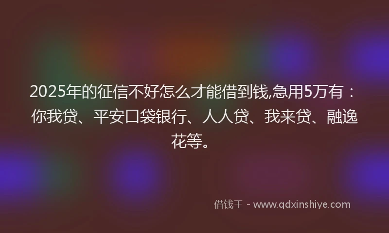 2025年的征信不好怎么才能借到钱,急用5万有：你我贷、平安口袋银行、人人贷、我来贷、融逸花等。