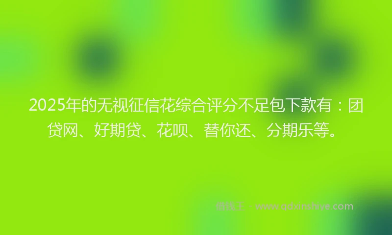 2025年的无视征信花综合评分不足包下款有：团贷网、好期贷、花呗、替你还、分期乐等。