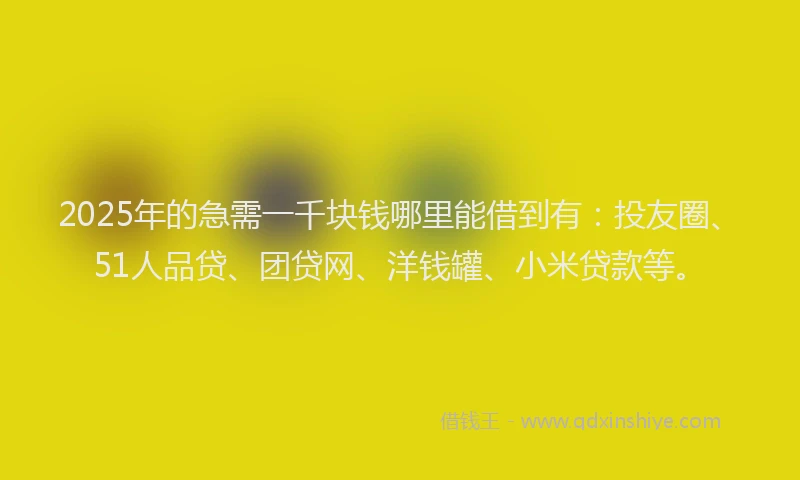2025年的急需一千块钱哪里能借到有：投友圈、51人品贷、团贷网、洋钱罐、小米贷款等。