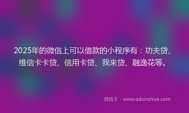 2025年的微信上可以借款的小程序有：功夫贷、维信卡卡贷、信用卡贷、我来贷、融逸花等。