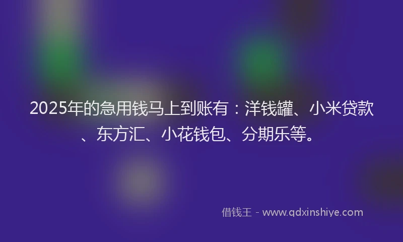 2025年的急用钱马上到账有：洋钱罐、小米贷款、东方汇、小花钱包、分期乐等。