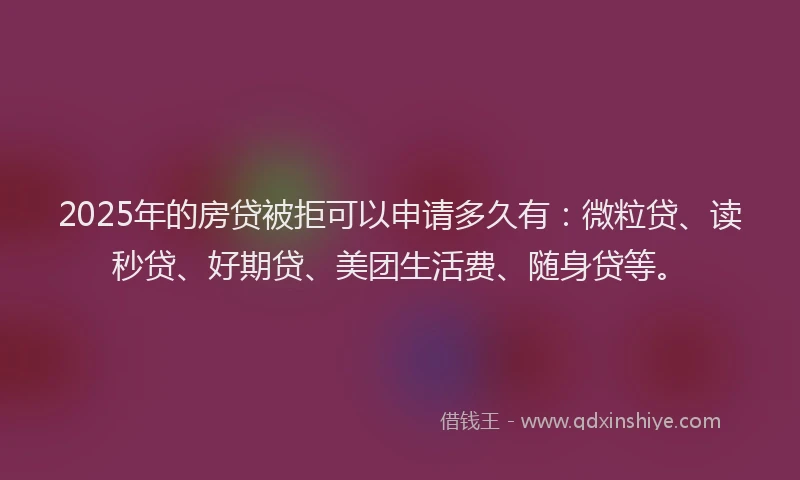 2025年的房贷被拒可以申请多久有：微粒贷、读秒贷、好期贷、美团生活费、随身贷等。