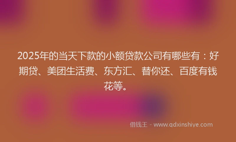 2025年的当天下款的小额贷款公司有哪些有：好期贷、美团生活费、东方汇、替你还、百度有钱花等。