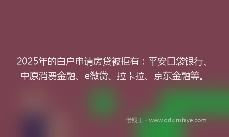 2025年的白户申请房贷被拒有：平安口袋银行、中原消费金融、e微贷、拉卡拉、京东金融等。