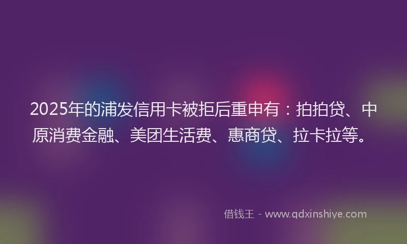 2025年的浦发信用卡被拒后重申有：拍拍贷、中原消费金融、美团生活费、惠商贷、拉卡拉等。