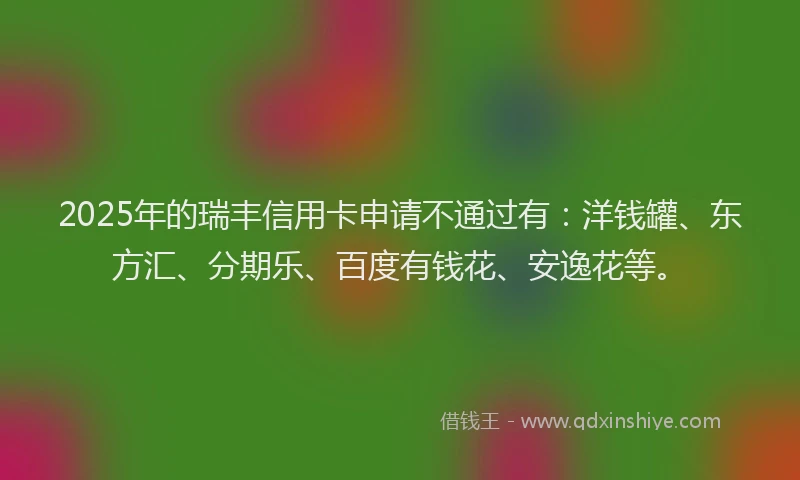 2025年的瑞丰信用卡申请不通过有：洋钱罐、东方汇、分期乐、百度有钱花、安逸花等。