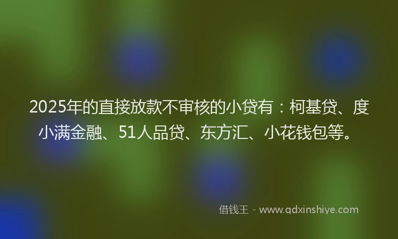 2025年的直接放款不审核的小贷有：柯基贷、度小满金融、51人品贷、东方汇、小花钱包等。