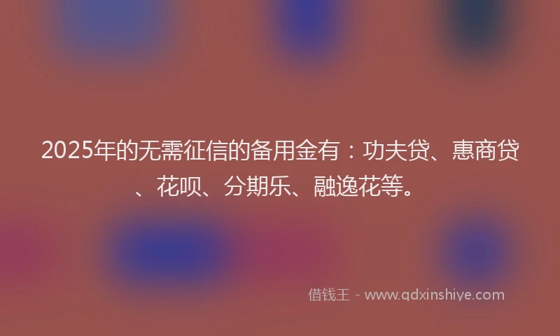 2025年的无需征信的备用金有：功夫贷、惠商贷、花呗、分期乐、融逸花等。
