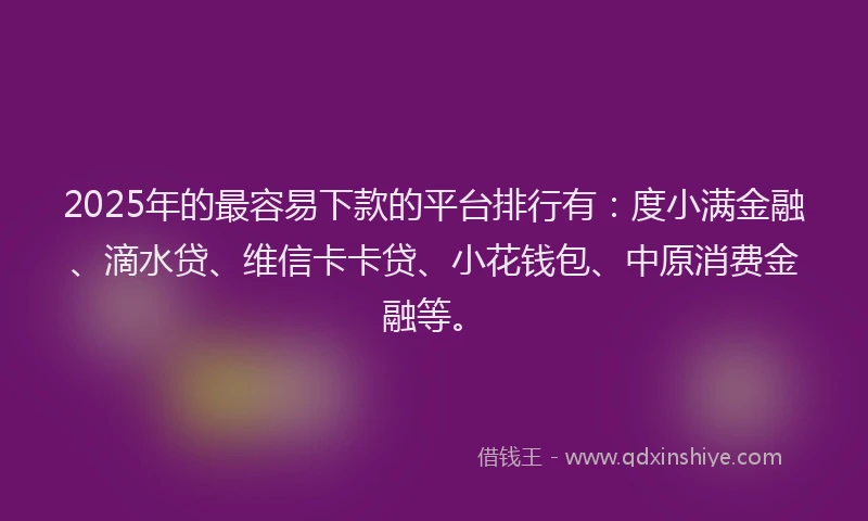 2025年的最容易下款的平台排行有：度小满金融、滴水贷、维信卡卡贷、小花钱包、中原消费金融等。