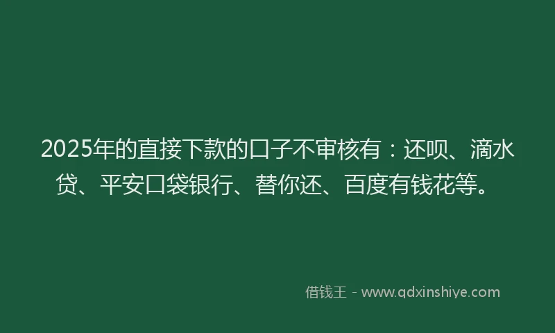 2025年的直接下款的口子不审核有：还呗、滴水贷、平安口袋银行、替你还、百度有钱花等。