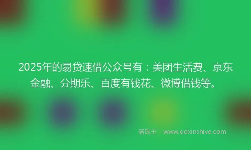 2025年的易贷速借公众号有：美团生活费、京东金融、分期乐、百度有钱花、微博借钱等。