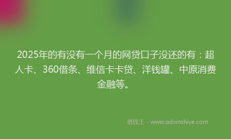2025年的有没有一个月的网贷口子没还的有：超人卡、360借条、维信卡卡贷、洋钱罐、中原消费金融等。