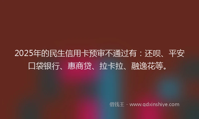 2025年的民生信用卡预审不通过有：还呗、平安口袋银行、惠商贷、拉卡拉、融逸花等。