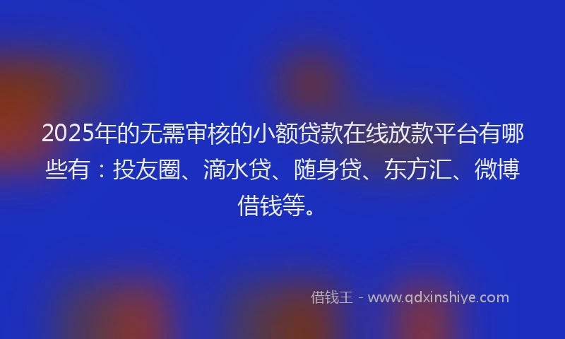 2025年的无需审核的小额贷款在线放款平台有哪些有：投友圈、滴水贷、随身贷、东方汇、微博借钱等。
