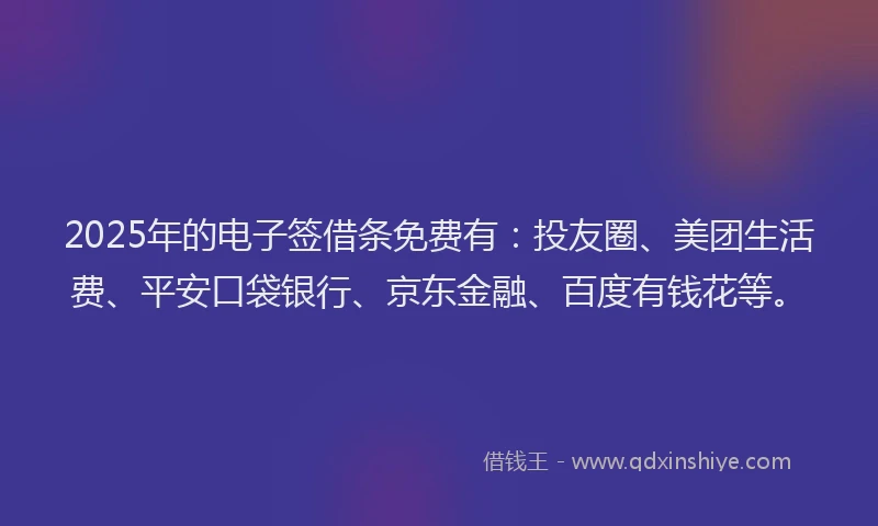 2025年的电子签借条免费有：投友圈、美团生活费、平安口袋银行、京东金融、百度有钱花等。