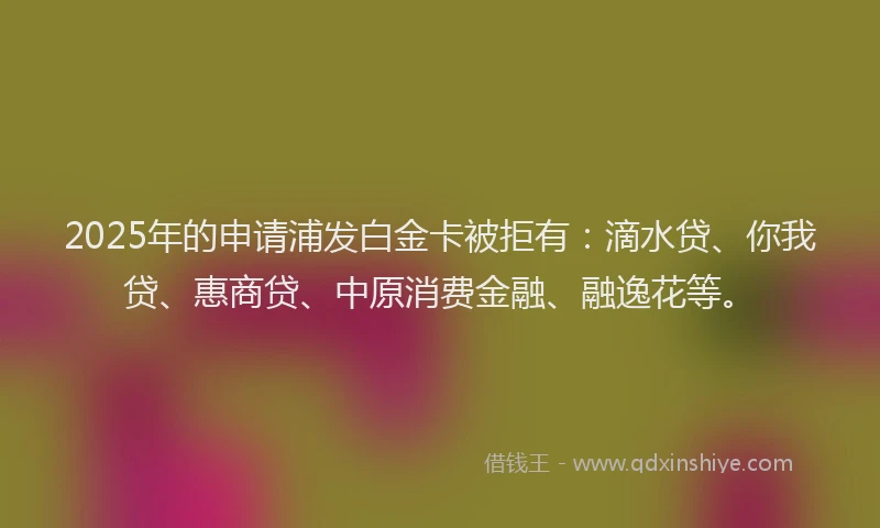2025年的申请浦发白金卡被拒有：滴水贷、你我贷、惠商贷、中原消费金融、融逸花等。