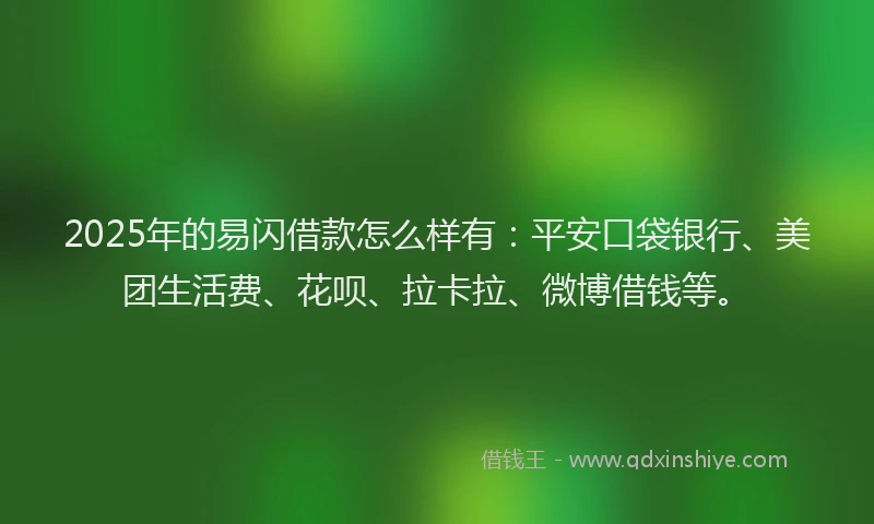 2025年的易闪借款怎么样有：平安口袋银行、美团生活费、花呗、拉卡拉、微博借钱等。