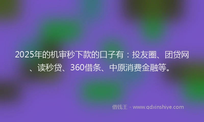 2025年的机审秒下款的口子有：投友圈、团贷网、读秒贷、360借条、中原消费金融等。