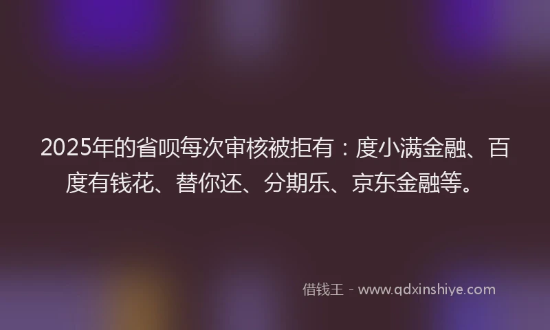2025年的省呗每次审核被拒有：度小满金融、百度有钱花、替你还、分期乐、京东金融等。