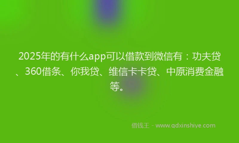 2025年的有什么app可以借款到微信有：功夫贷、360借条、你我贷、维信卡卡贷、中原消费金融等。
