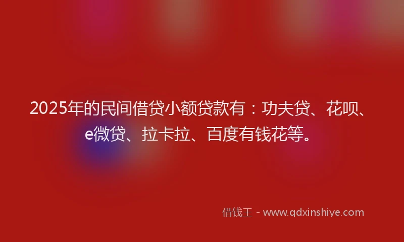 2025年的民间借贷小额贷款有：功夫贷、花呗、e微贷、拉卡拉、百度有钱花等。